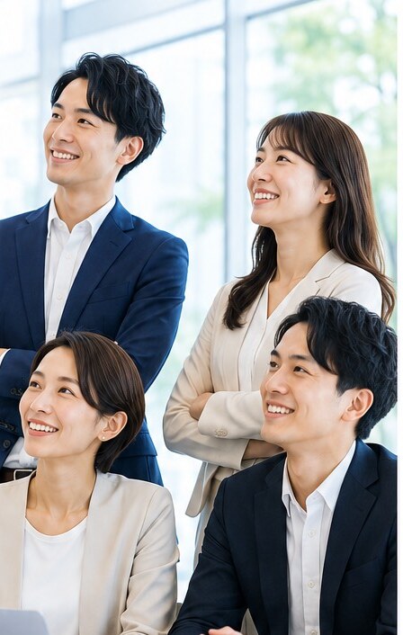 前を見上げて微笑むビジネスパーソン4名