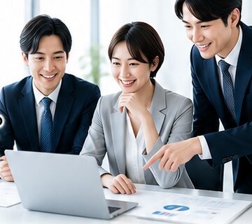 ノートPCを見ながらAI活用を話し合うビジネスパーソン3名